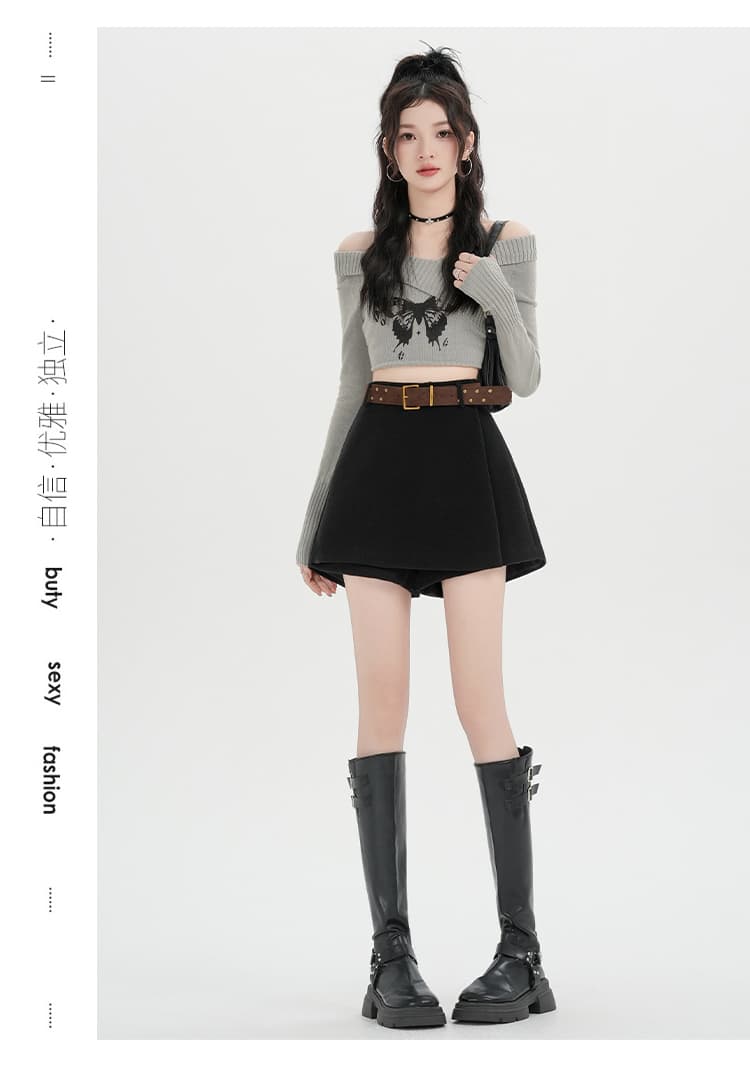 실사 레트로 패션 커피 색상 양모 니트 페이크 레이어드 치마바지 여성 겨울 품격 와이드 벨트 넓은 다리 캐주얼 부츠 반바지 상세 이미지 36