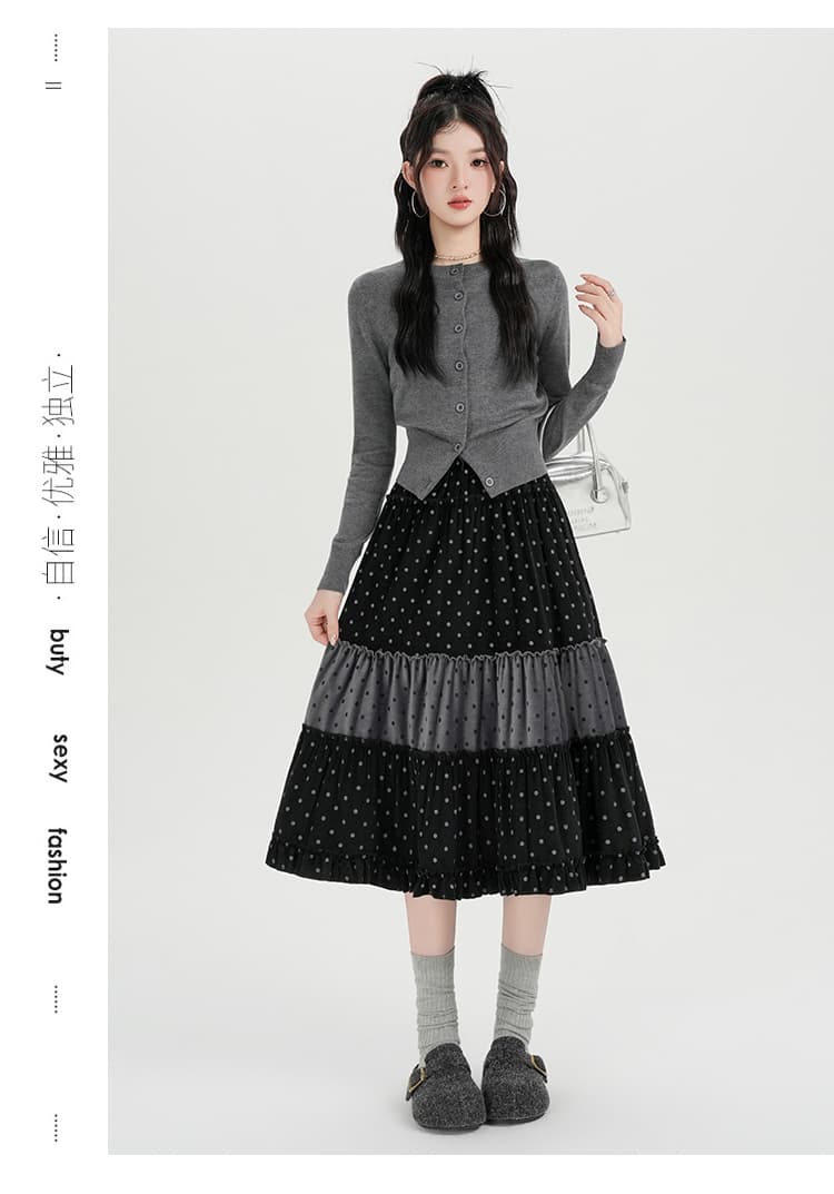 실사 한 부서 레트로 도트 무늬 패치워크 케이크 드레스 여성 2026 가을 겨울 새로운 연령 감소 레이스 한 마디 반신 스커트 상세 이미지 24