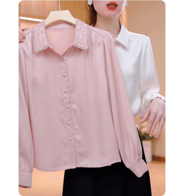 프랑스식 POLO 칼라 핑크색 셔츠 여성 긴 소매 새틴 셔츠 봄 새로운 레트로 외국 가스 출퇴근 캐주얼 맨위 이미지 5