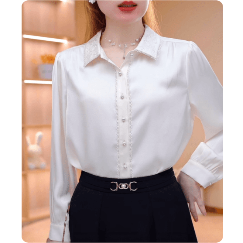 프랑스식 POLO 칼라 핑크색 셔츠 여성 긴 소매 새틴 셔츠 봄 새로운 레트로 외국 가스 출퇴근 캐주얼 맨위 이미지 6