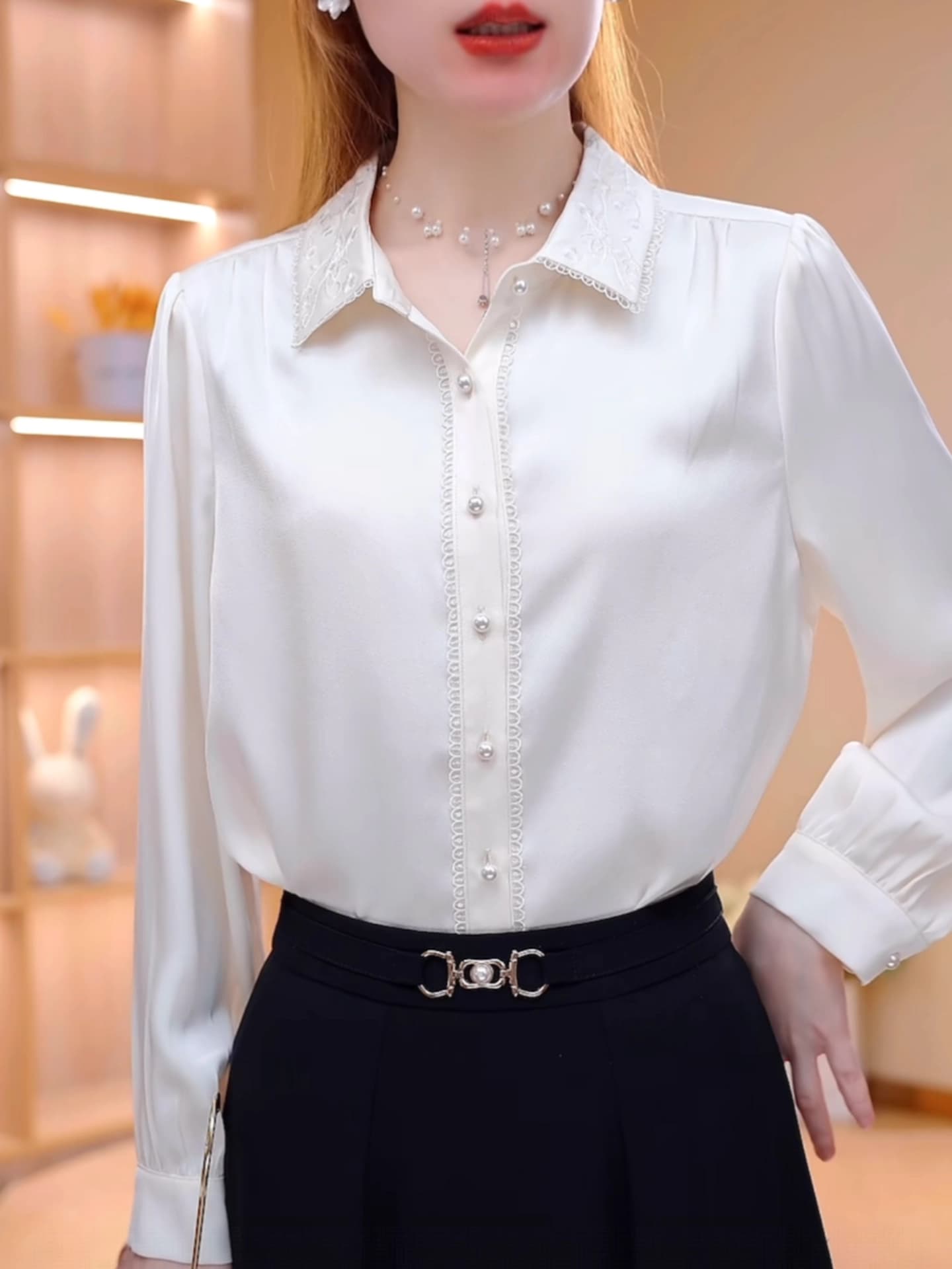 프랑스식 POLO 칼라 핑크색 셔츠 여성 긴 소매 새틴 셔츠 봄 새로운 레트로 외국 가스 출퇴근 캐주얼 맨위 상세 이미지 6