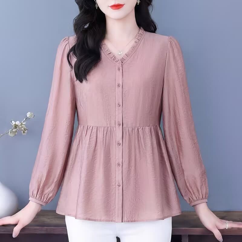 봄 새로운 빅 사이즈 긴팔 티셔츠 루즈핏 다용도 외국 가스 세련된 연령 감소 품격 지방 m 슬림해 보이는 셔츠 패션 여성 이미지 3