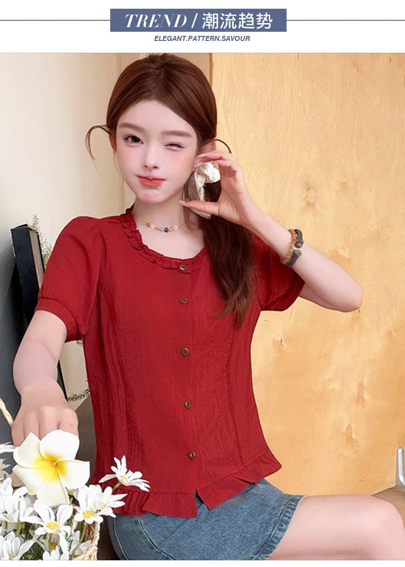 한국 스타일 목이버섯 레이스 반팔 여성 셔츠 여름 싱글 줄 버튼 루즈핏 대양 품격 다용도 작은 키 쇼트 스타일 셔츠 상세 이미지 4