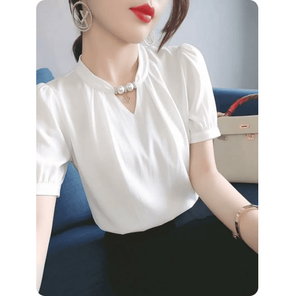 화이트 V넥 새틴 셔츠 여성용 짧은 소매 여름 루즈핏 작은 키 디자인 센스 작은 대중 고급 센스 셔츠 맨위 이미지 5