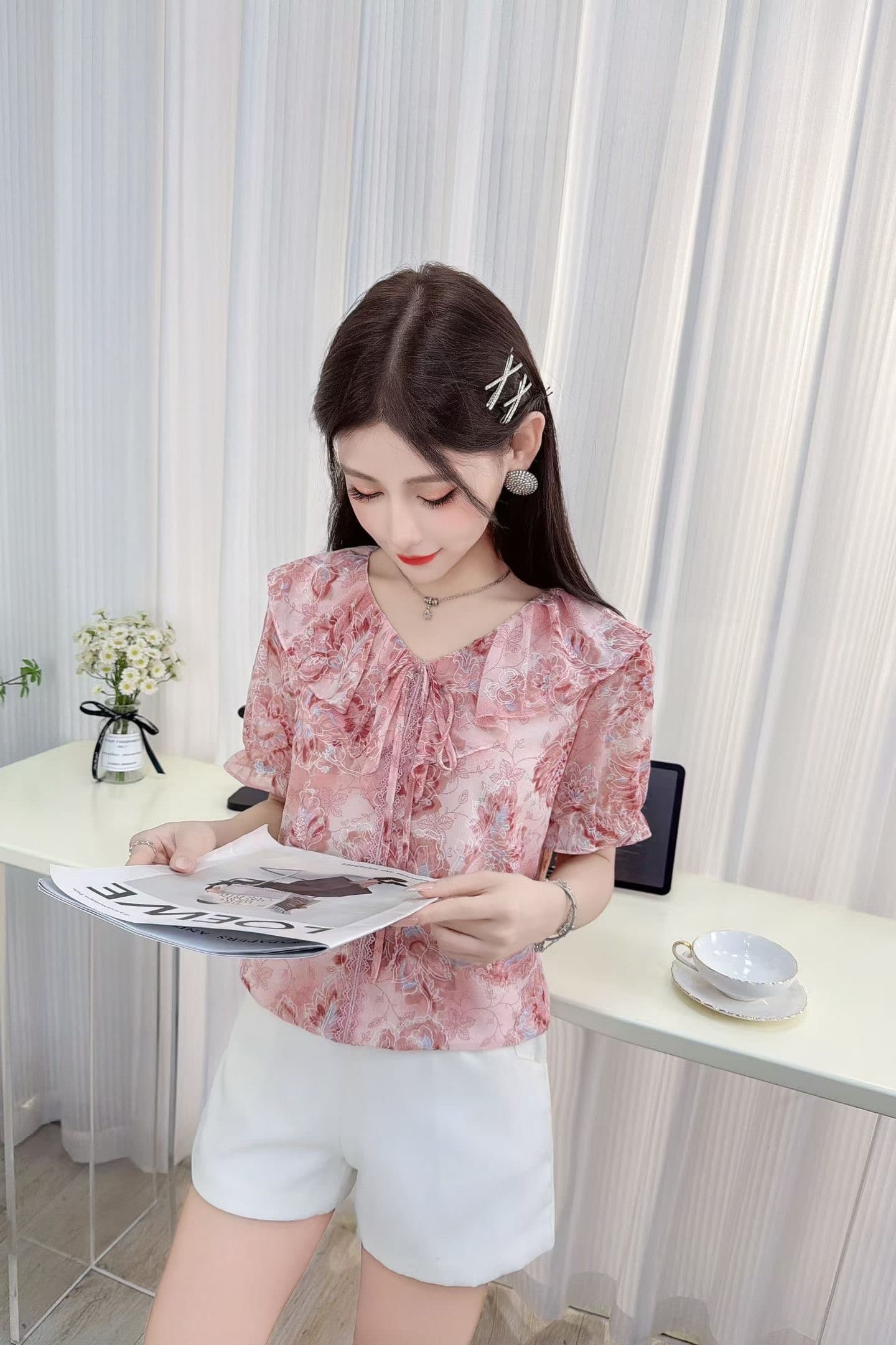 프랑스식 품격 프린트 여성 셔츠 2026 여름 얇은 스타일 연꽃 잎 레이스 품격 반팔 쉬폰 블라우스 슬림해 보이는 표지 고기 이미지 5
