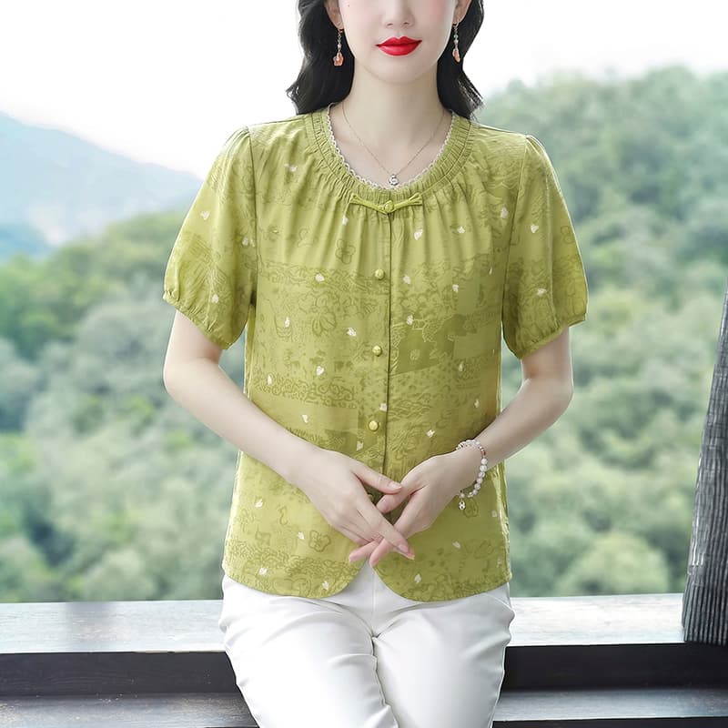 패션 민족 스타일 단추 여성 셔츠 여름 새로운 루즈핏 표지 고기 슬림해 보이는 맨위 품격 다용도 프린트 셔츠 이미지 2
