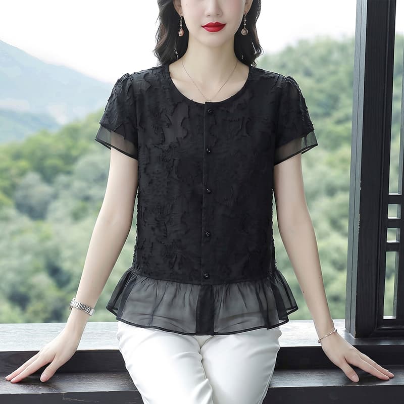 2026 패션 자카드 반팔 여성 셔츠 여름 새로운 품격 연령 감소 어머니 드레스 루즈핏 슬림해 보이는 다용도 맨위 이미지 4