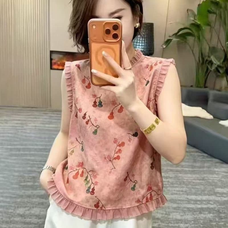 새로운 중식 국풍 프린트 민소매 여성 셔츠 여름 프릴 슬림해 보이는 외국 가스 조끼 맨위 캐주얼 루즈핏 여성 의류 상세 이미지 2