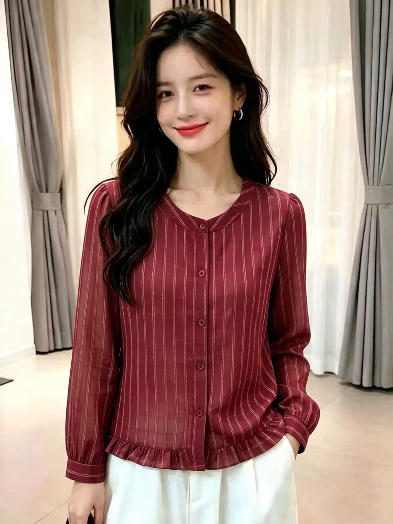 패션 여성 셔츠 2026 가을 새로운 외국 가스 슬림해 보이는 연령 감소 디자인 센스 목이버섯 레이스 다용도 긴팔 셔츠 상세 이미지 2