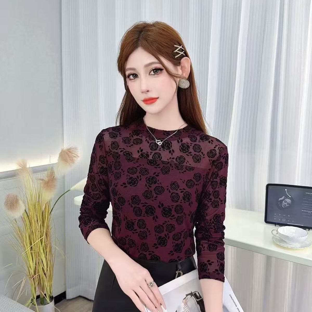망사 만나는 품격 새로운 패션 프린트 라운드 넥 외국 가스 맨위 작은 셔츠 몸매 가꾸기 슬림해 보이는 연령 감소 긴팔 티셔츠 상세 이미지 8