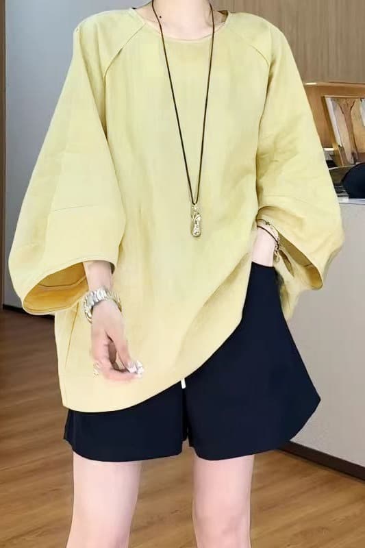 색상 추가 빅 사이즈 여성 의류 유럽 상품 라운드 넥 배트윙 소매 면 린넨 티셔츠 새로운 루즈핏 슬림해 보이는 9부 소매 맨위 이미지 6