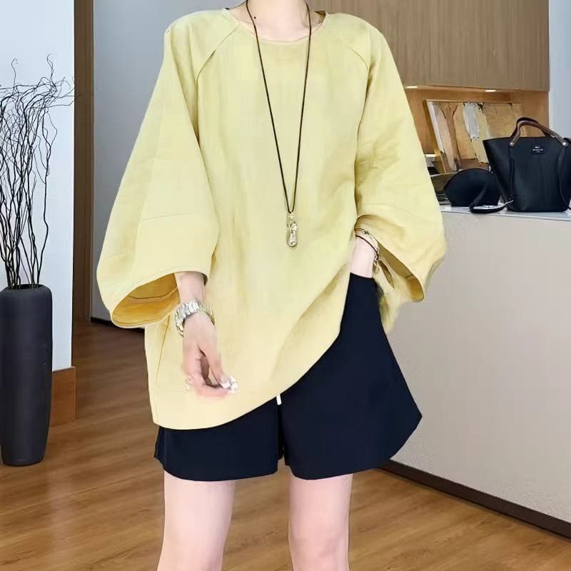색상 추가 빅 사이즈 여성 의류 유럽 상품 라운드 넥 배트윙 소매 면 린넨 티셔츠 새로운 루즈핏 슬림해 보이는 9부 소매 맨위 상세 이미지 1
