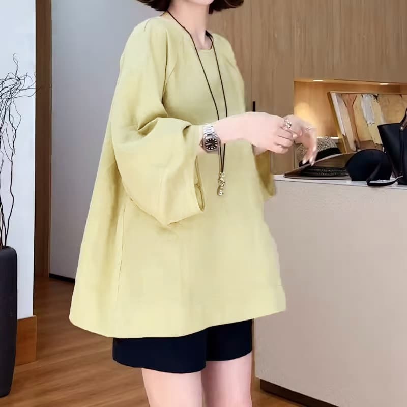 색상 추가 빅 사이즈 여성 의류 유럽 상품 라운드 넥 배트윙 소매 면 린넨 티셔츠 새로운 루즈핏 슬림해 보이는 9부 소매 맨위 상세 이미지 5