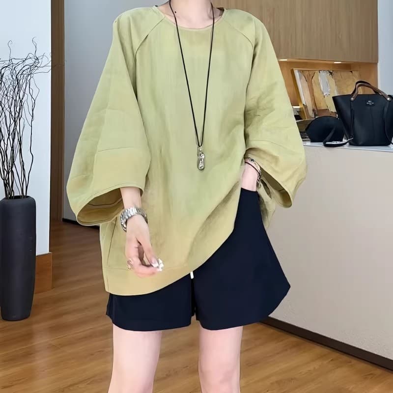 색상 추가 빅 사이즈 여성 의류 유럽 상품 라운드 넥 배트윙 소매 면 린넨 티셔츠 새로운 루즈핏 슬림해 보이는 9부 소매 맨위 상세 이미지 8