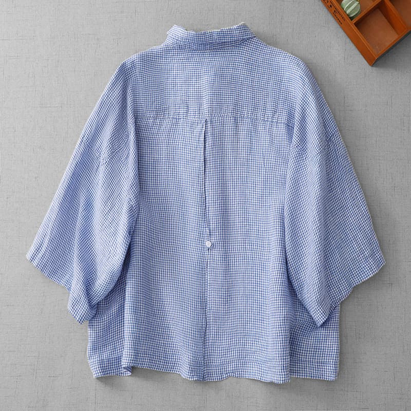 파란색 POLO 칼라 작은 격자 아마 여성 셔츠 문예 일본식 루즈핏 5 점 소매 맨위 이미지 4