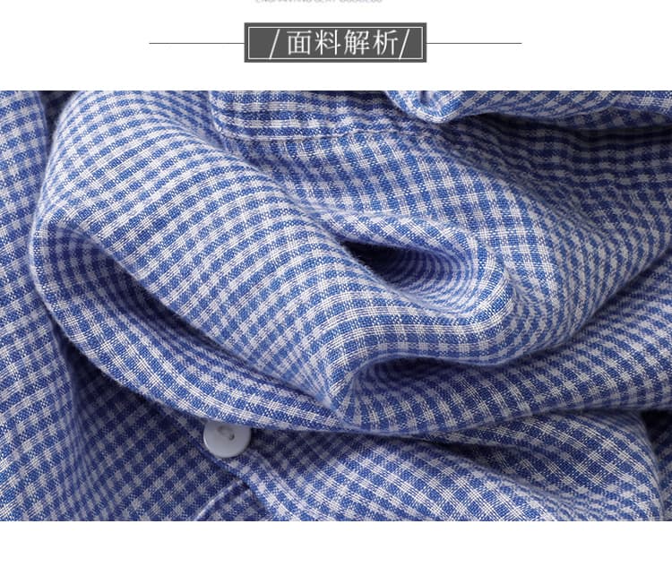 파란색 POLO 칼라 작은 격자 아마 여성 셔츠 문예 일본식 루즈핏 5 점 소매 맨위 상세 이미지 3
