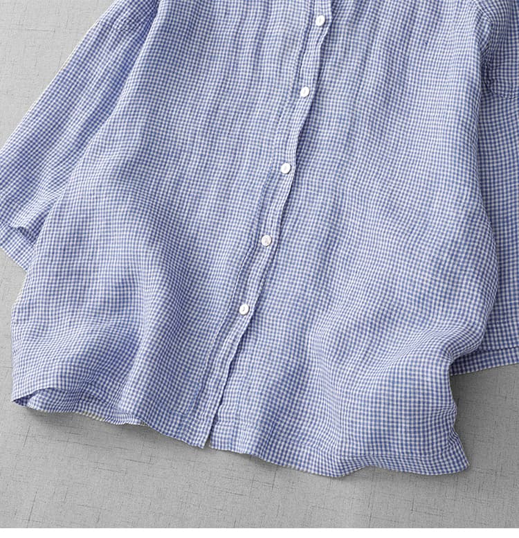 파란색 POLO 칼라 작은 격자 아마 여성 셔츠 문예 일본식 루즈핏 5 점 소매 맨위 상세 이미지 17
