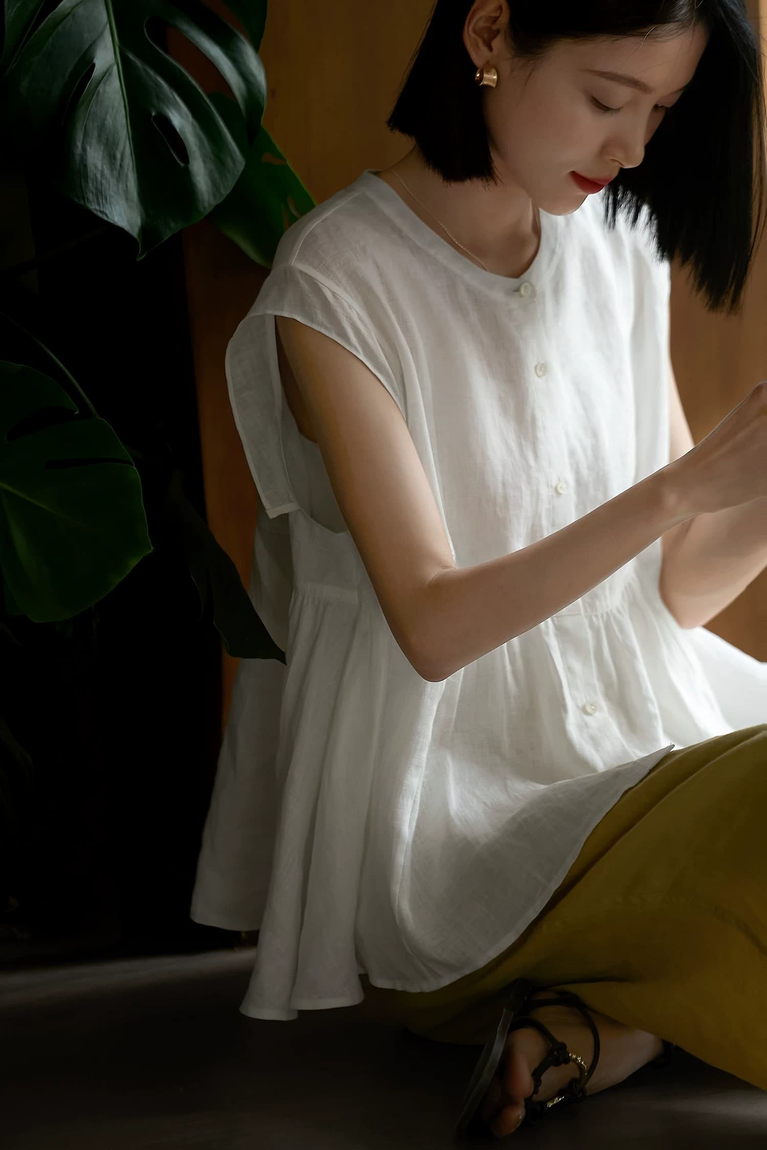 재고 있음 센 부서 작은 날다 소매 인형 셔츠 얇고 가벼운 면 린넨 프랑스식 루즈핏 민소매 맨위 여성 이미지 4