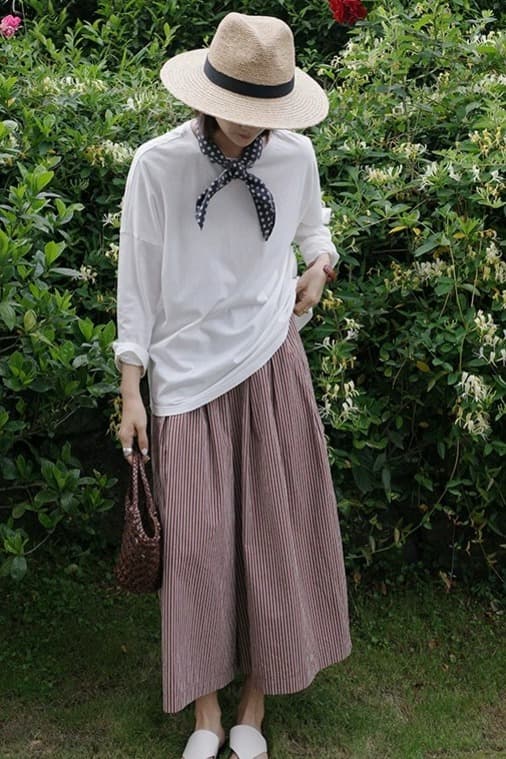 빨간색 기사 치마바지 순면 컬러 짜임 기사 전체 밴딩 단어 Pleat 대 바지 갈색 빨간색 치마바지 이미지 6