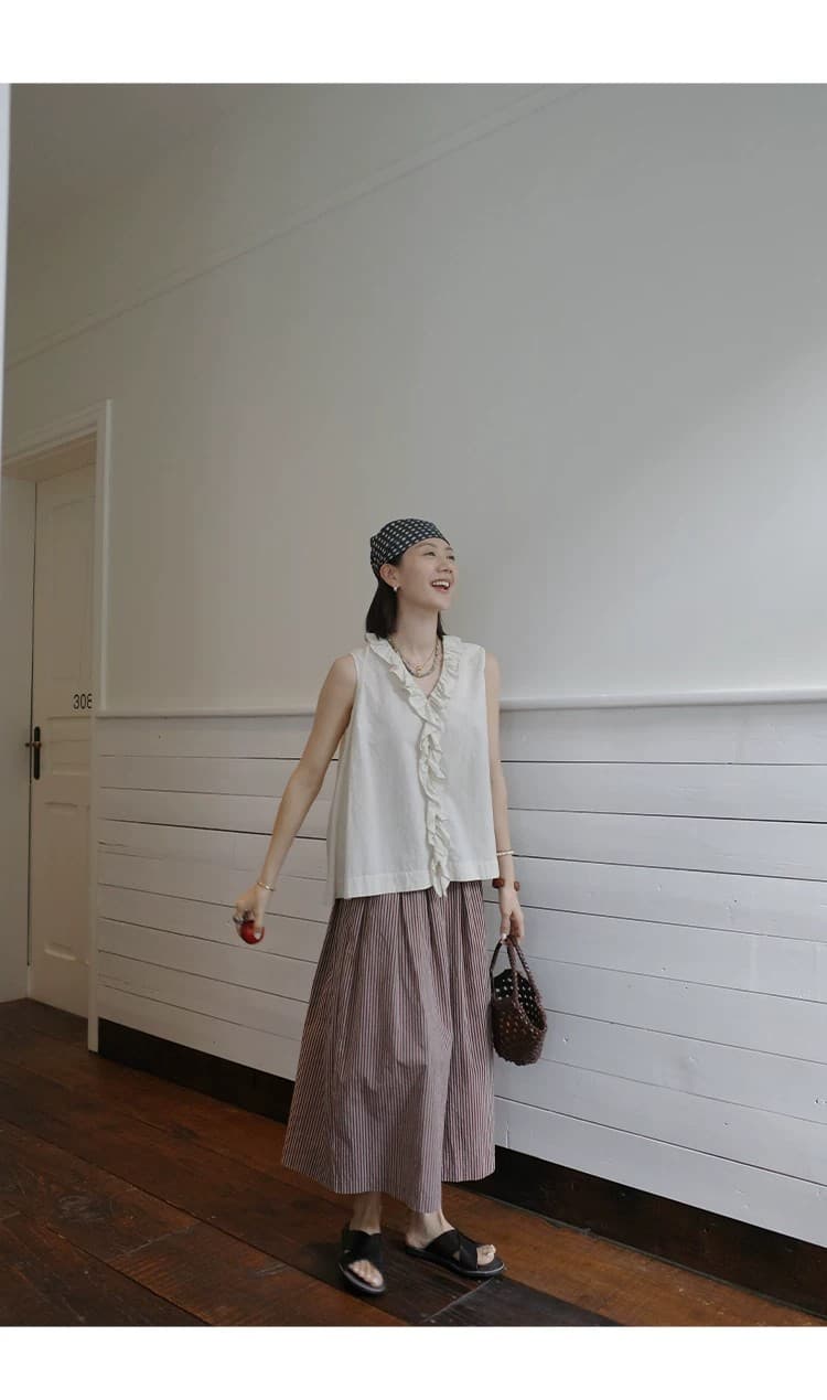 빨간색 기사 치마바지 순면 컬러 짜임 기사 전체 밴딩 단어 Pleat 대 바지 갈색 빨간색 치마바지 상세 이미지 22