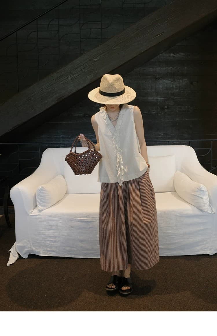 빨간색 기사 치마바지 순면 컬러 짜임 기사 전체 밴딩 단어 Pleat 대 바지 갈색 빨간색 치마바지 상세 이미지 24