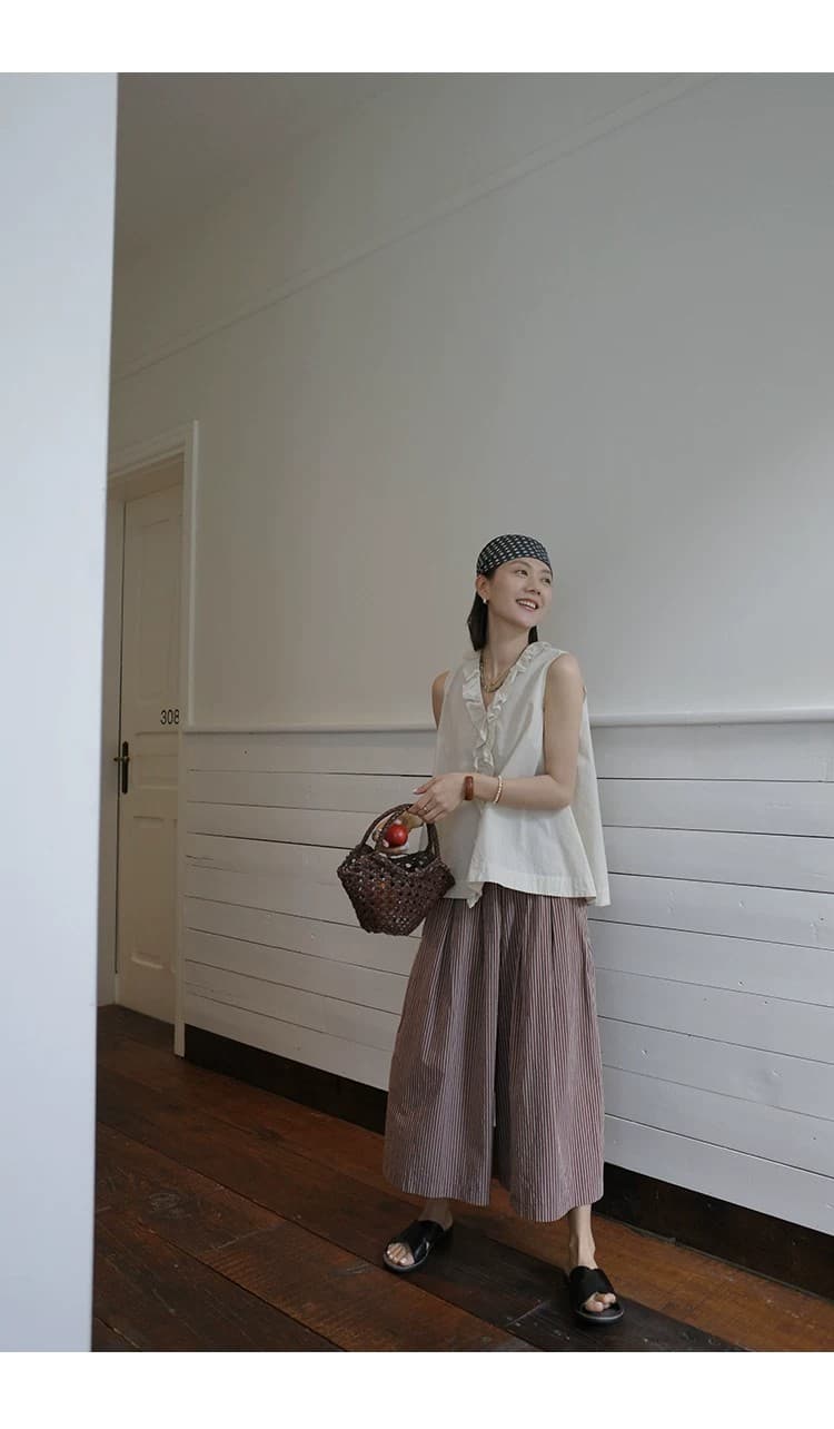 빨간색 기사 치마바지 순면 컬러 짜임 기사 전체 밴딩 단어 Pleat 대 바지 갈색 빨간색 치마바지 상세 이미지 29