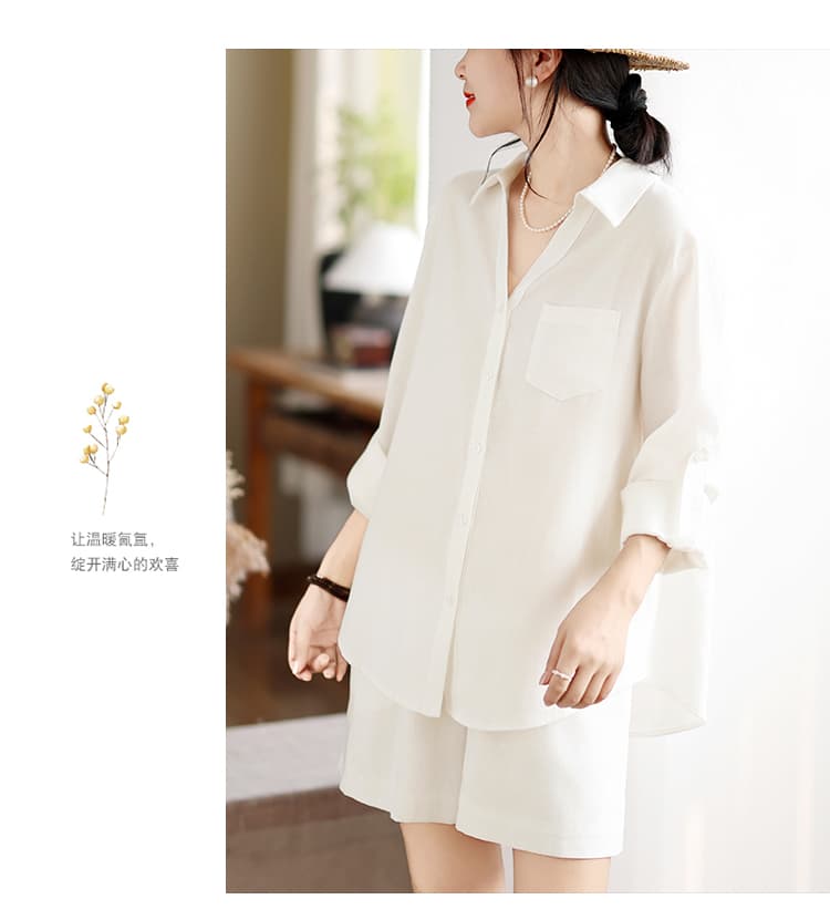 3994 오래된 돈 바람 착용 가져 가라. 고급 센스 세트 여름 느긋한 화이트 익스트림 제인 면 린넨 셔츠 반바지 투피스 세트 상세 이미지 8