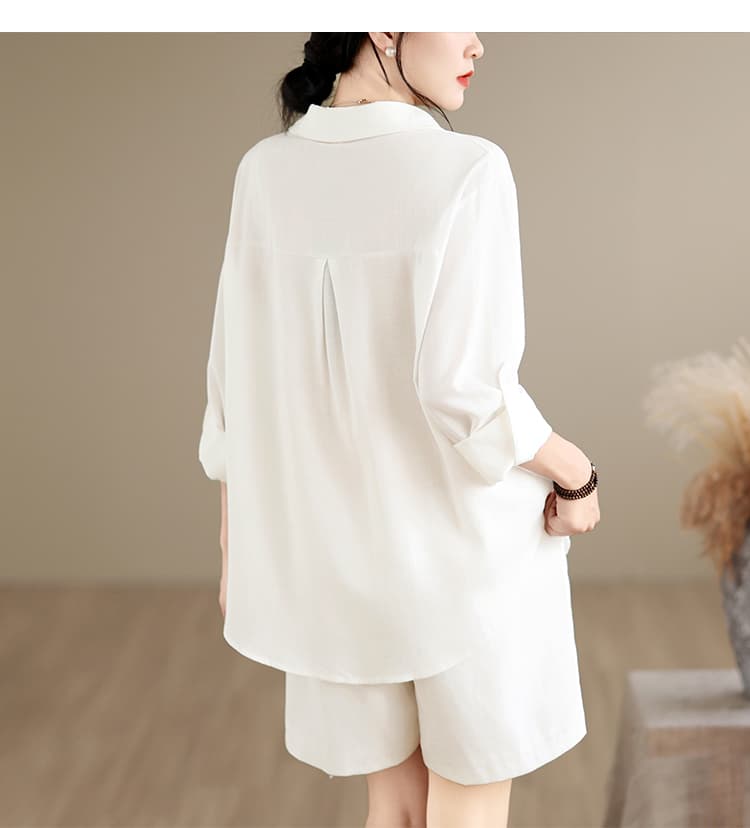 3994 오래된 돈 바람 착용 가져 가라. 고급 센스 세트 여름 느긋한 화이트 익스트림 제인 면 린넨 셔츠 반바지 투피스 세트 상세 이미지 14