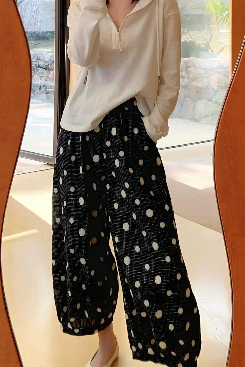 9045 도트 무늬 무료 바지 무거운 작업 자수 좋은 체크무늬 온화한 가짜 바람 도트 무늬 배기 바지 여성 이미지 6