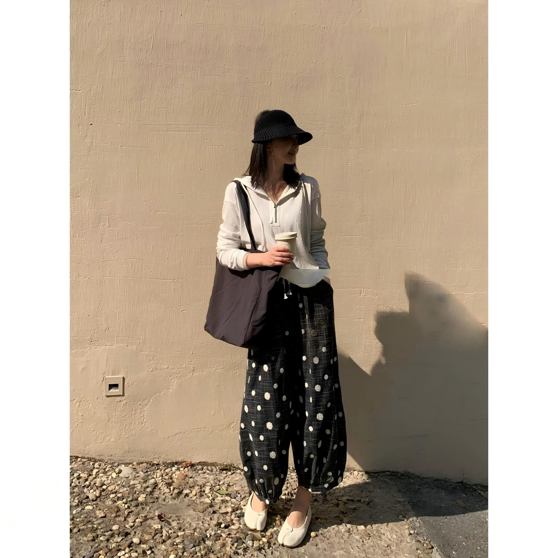 9045 도트 무늬 무료 바지 무거운 작업 자수 좋은 체크무늬 온화한 가짜 바람 도트 무늬 배기 바지 여성 상세 이미지 8