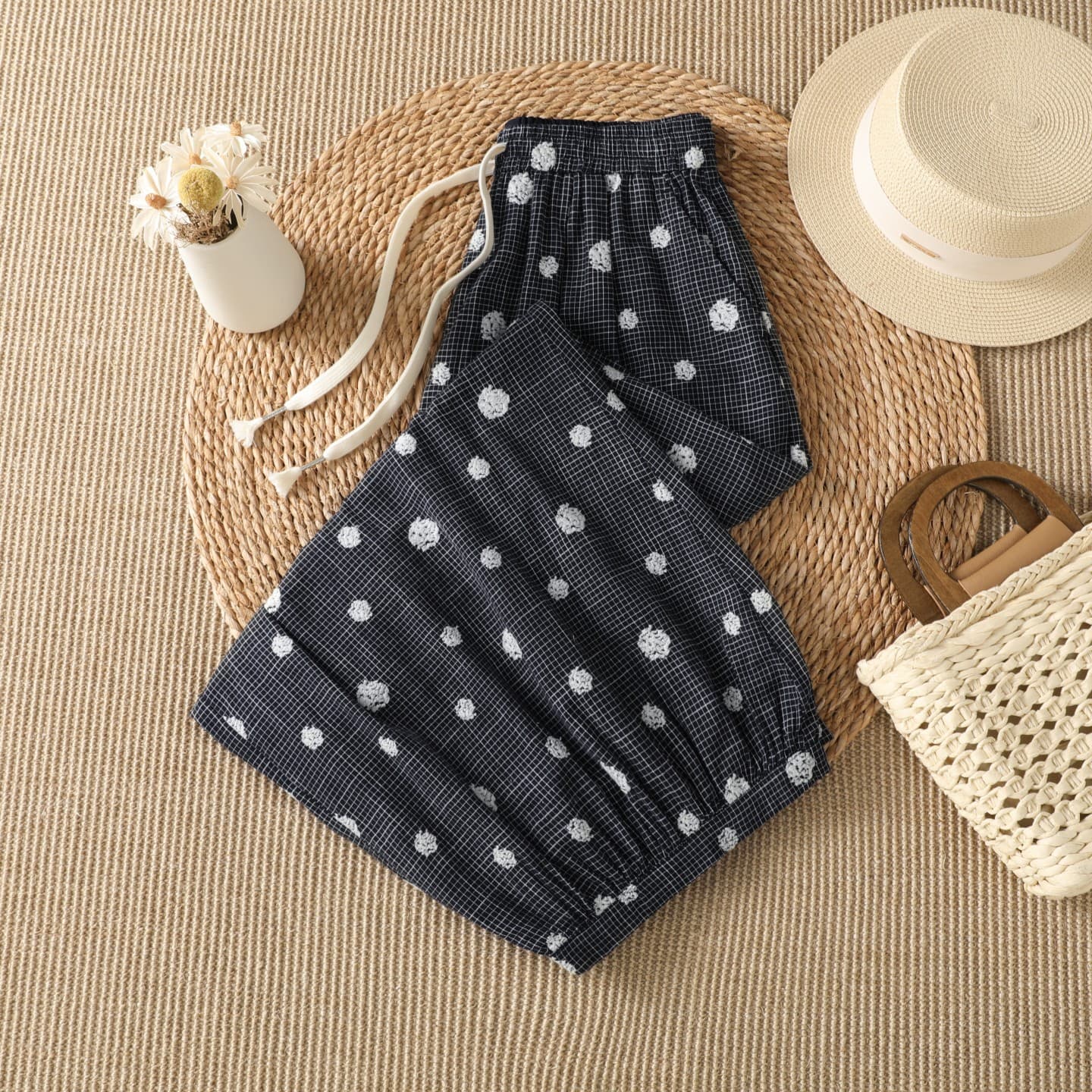 9045 실사 도트 무늬 무료 바지 무거운 작업 자수 좋은 체크무늬 온화한 가짜 바람 도트 무늬 배기 바지 여성 상세 이미지 3