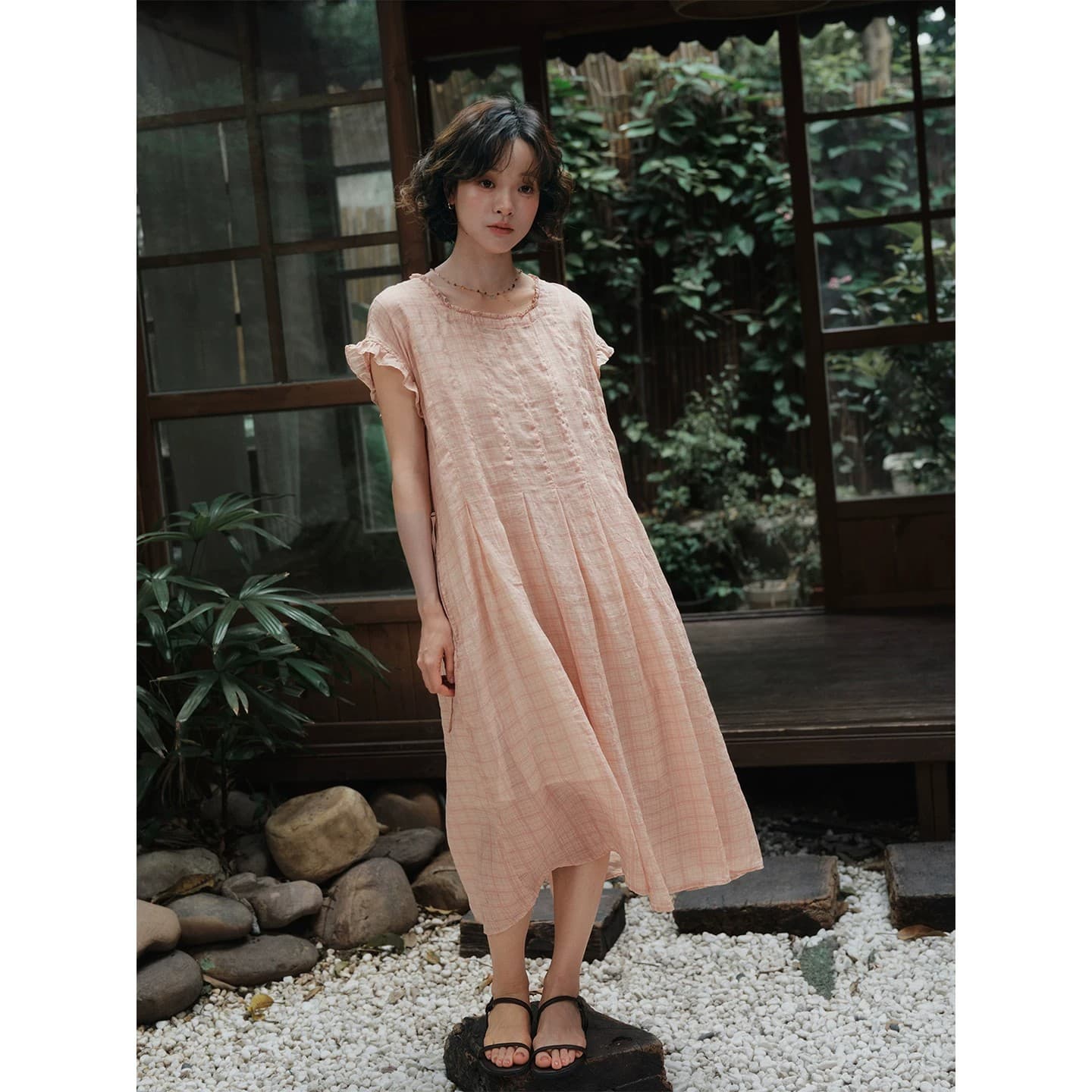 면 린넨 분말 체크무늬 광장 칼라 프릴 드레스 여름 여성 이미지 4