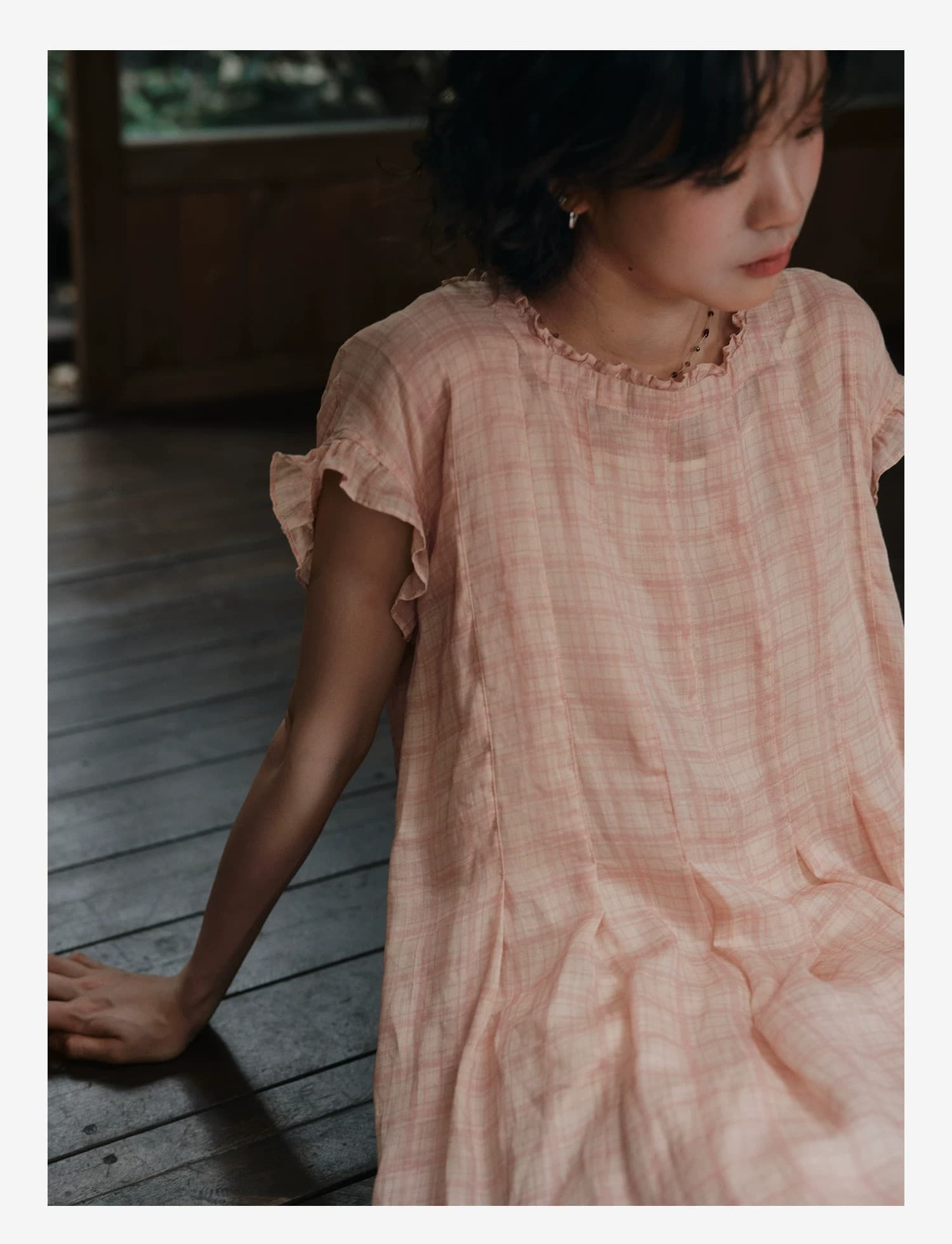 면 린넨 분말 체크무늬 광장 칼라 프릴 드레스 여름 여성 상세 이미지 25