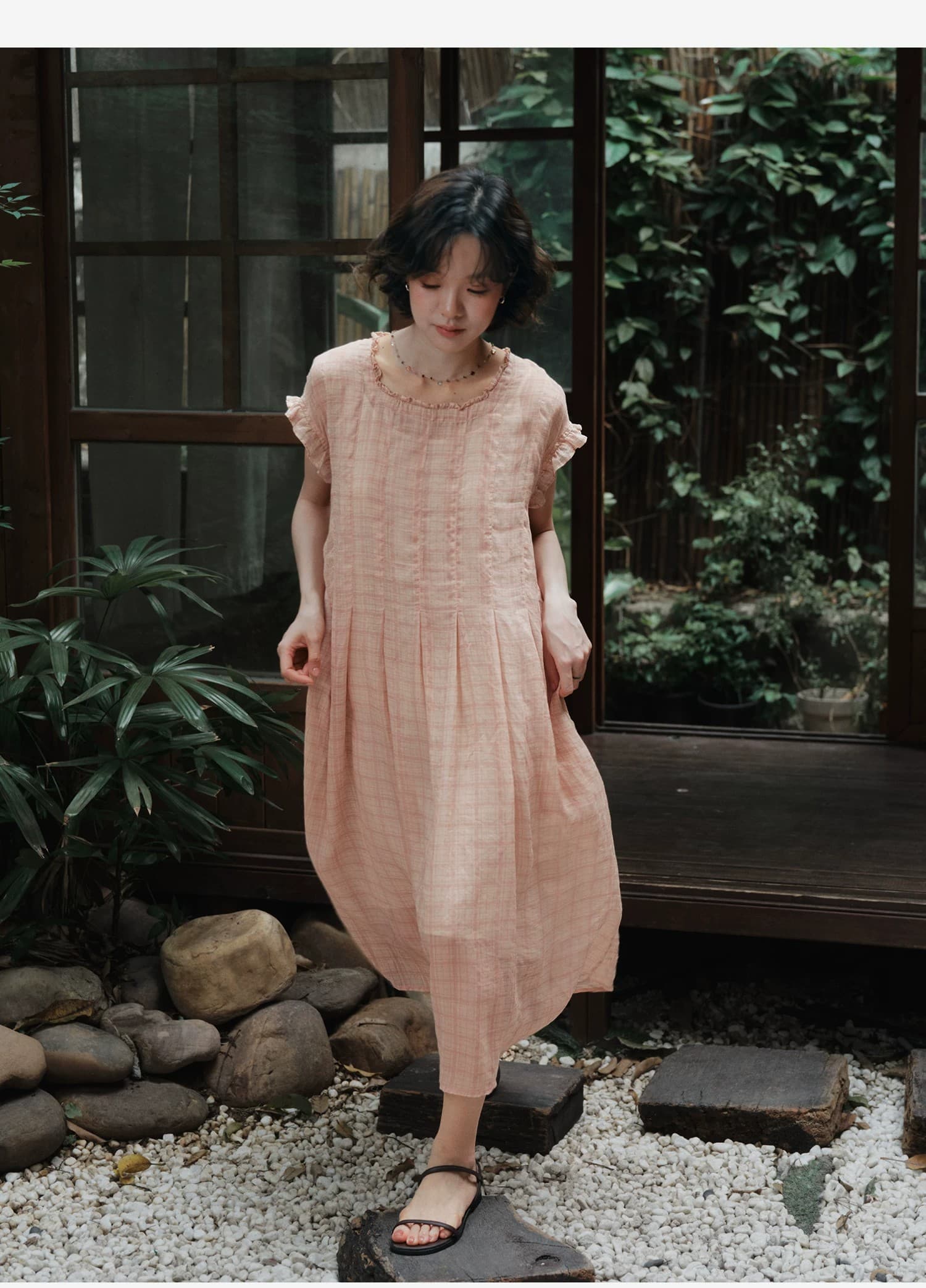 면 린넨 분말 체크무늬 광장 칼라 프릴 드레스 여름 여성 상세 이미지 29