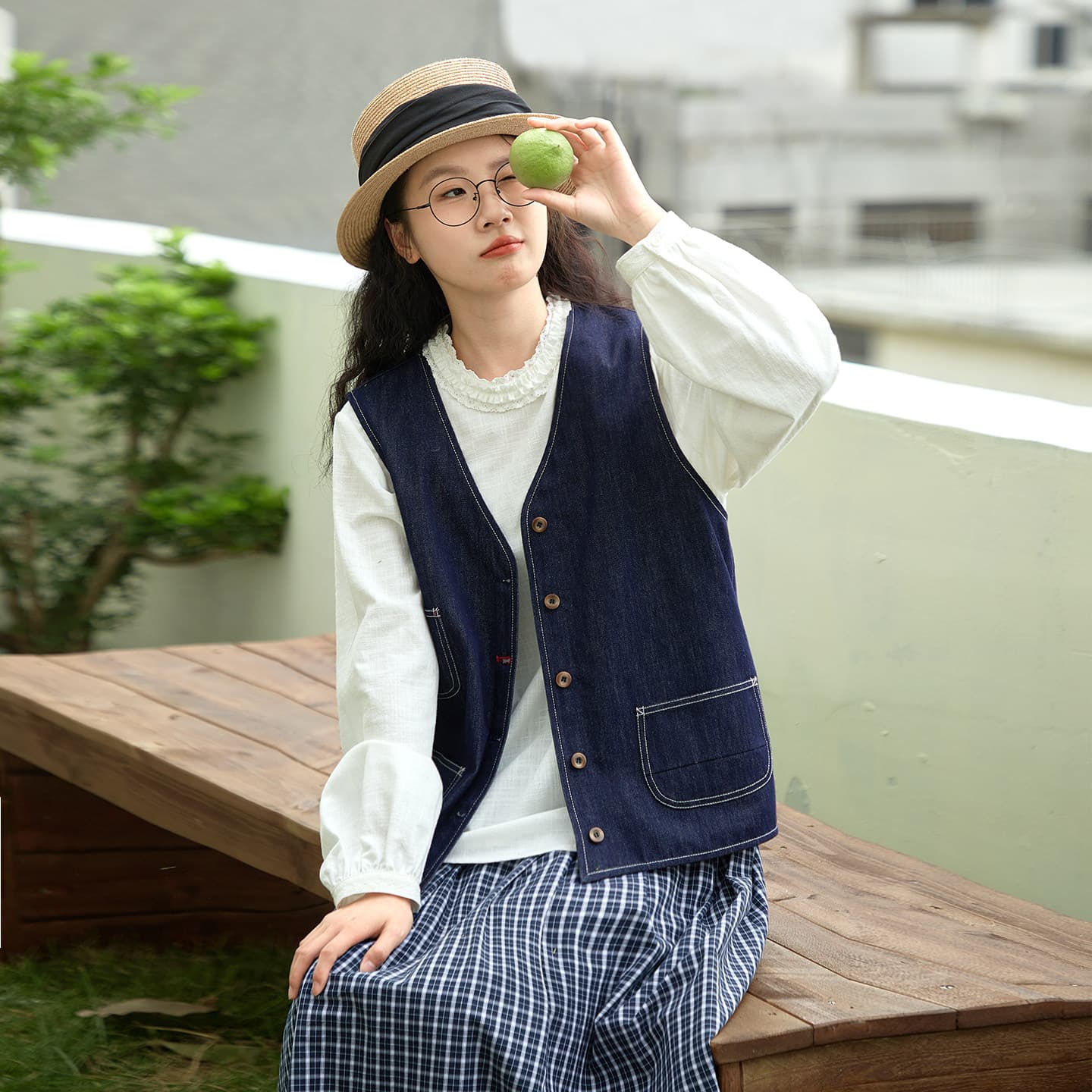 블루 검정색 데님 조끼 여자 가을 일본식 레트로 캐주얼 맨위 루즈핏 다용도 V넥 조끼 상세 이미지 1