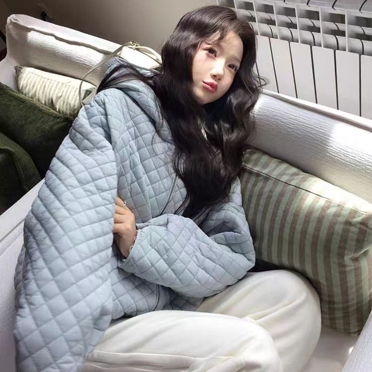 장 베이 베이 얇고 가벼운 버블 푸 링 그리드 후드 아래 면화 의류 루즈핏 슬림해 보이는 보온 한 부서 ins 바람 학생 면 옷 이미지 2
