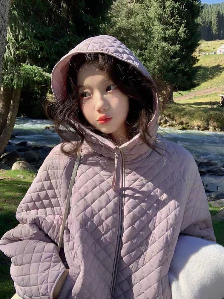 장 베이 베이 얇고 가벼운 버블 푸 링 그리드 후드 아래 면화 의류 루즈핏 슬림해 보이는 보온 한 부서 ins 바람 학생 면 옷 이미지 4