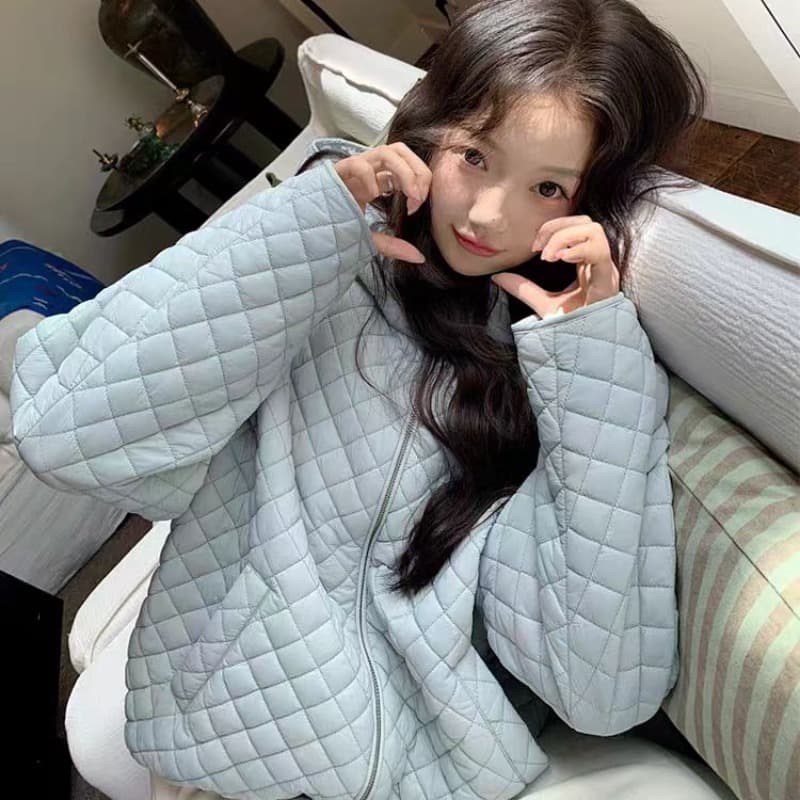 장 베이 베이 얇고 가벼운 버블 푸 링 그리드 후드 아래 면화 의류 루즈핏 슬림해 보이는 보온 한 부서 ins 바람 학생 면 옷 이미지 5