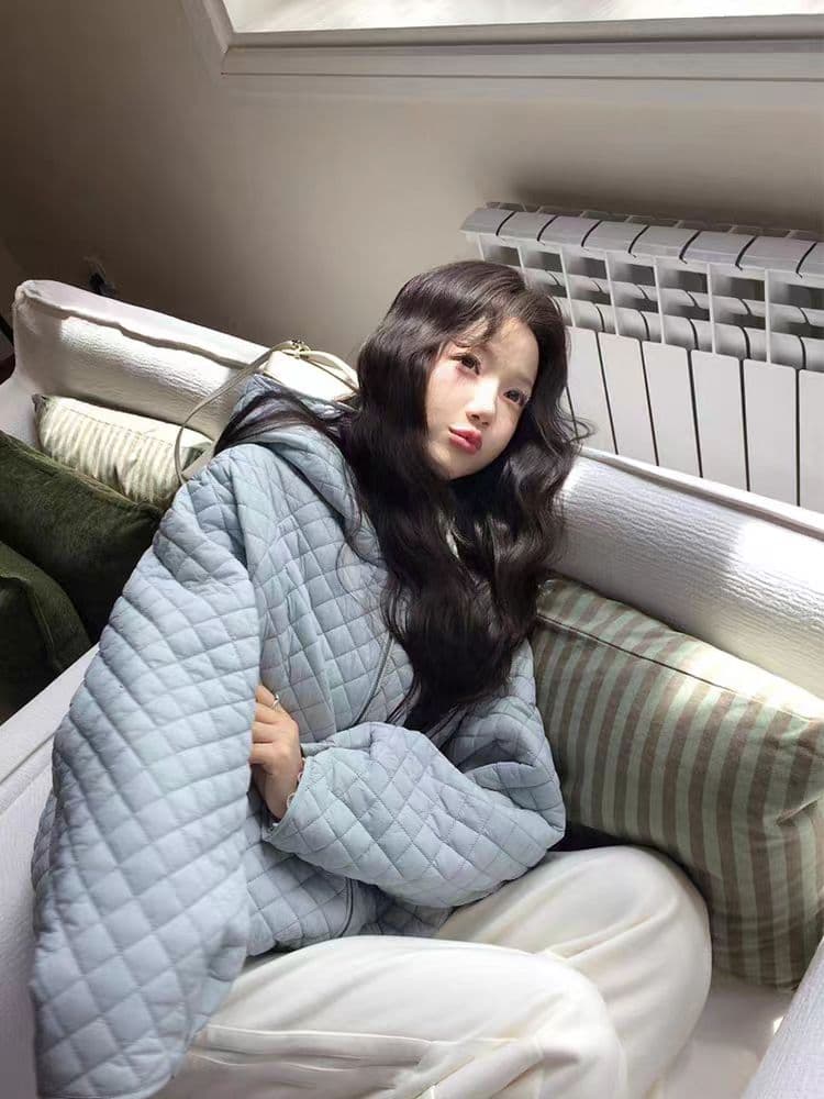 장 베이 베이 얇고 가벼운 버블 푸 링 그리드 후드 아래 면화 의류 루즈핏 슬림해 보이는 보온 한 부서 ins 바람 학생 면 옷 상세 이미지 3