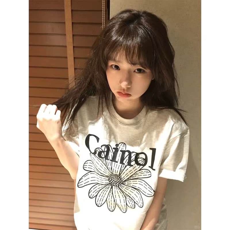 경관 그림 21 순면 210 그램 2026 년 봄 여름 드레스 반팔 티셔츠 여성 한국 스타일 프린트 상세 이미지 6