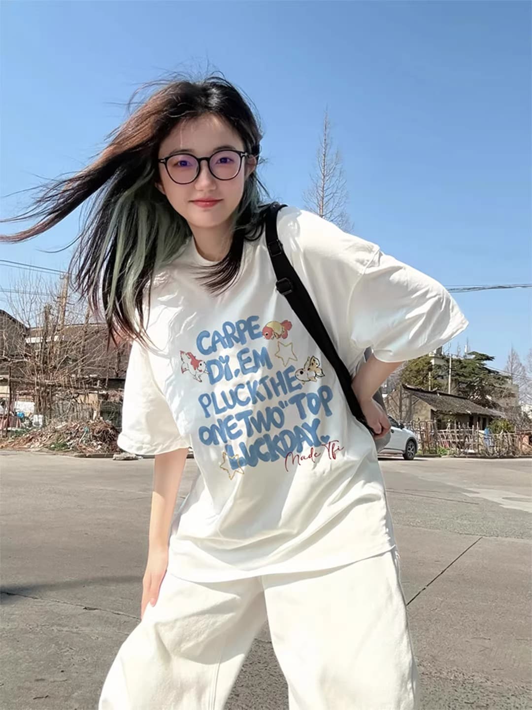 경관 그림 21 순면 210 그램 2026 년 봄 여름 드레스 반팔 티셔츠 여성 한국 스타일 프린트 상세 이미지 3