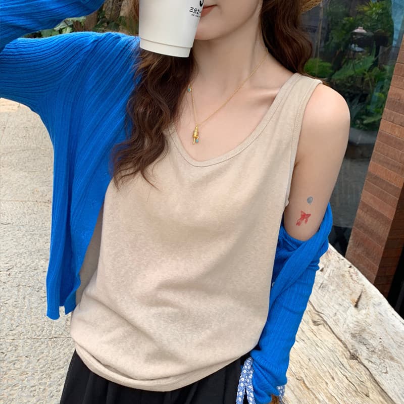 경관 그림 눈꽃 면 화이트 캐미솔 여름 외출용 V넥 인사이드 가져 가라. 만나는 맨위 이미지 3