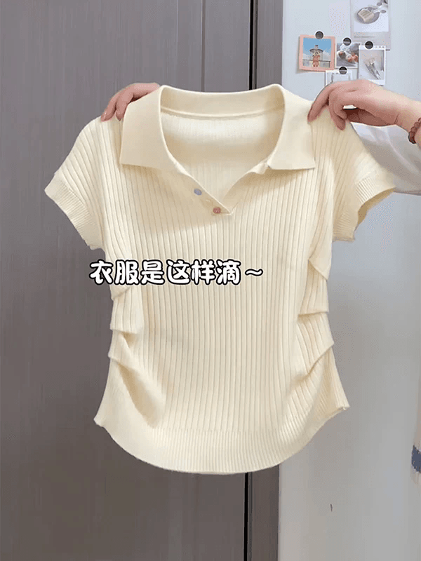 POLO 칼라 니트 반팔 티셔츠 여성 짧은 2026 여름 새로운 디자인 센스 몸매 가꾸기 긍정적 인 어깨 꼬집기 허리 위로 의류