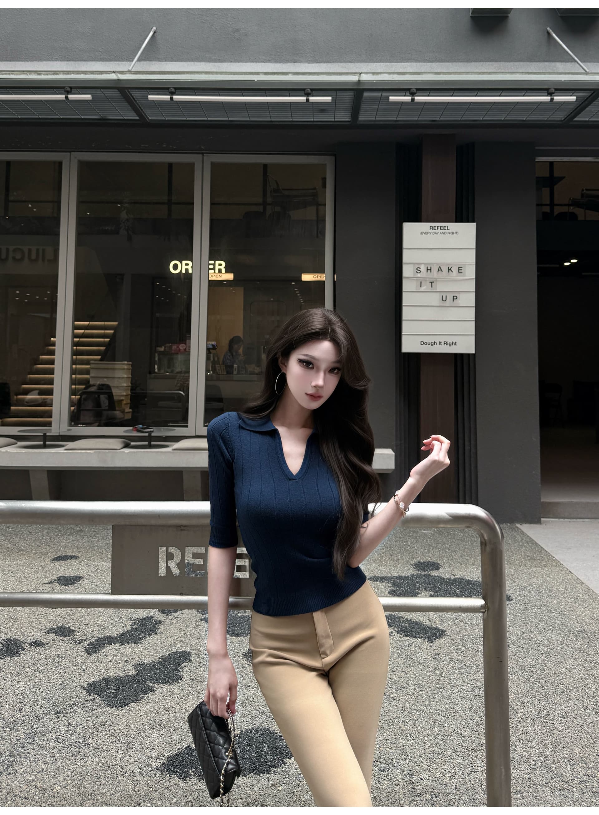 로얄 자매 바람 여름 새로운 POLO 칼라 니트 스웨터 맨위 여성 순수한 욕망 섹시함 몸매 가꾸기 V넥 중간 소매 슬림해 보이는 티셔츠 여성 상세 이미지 21