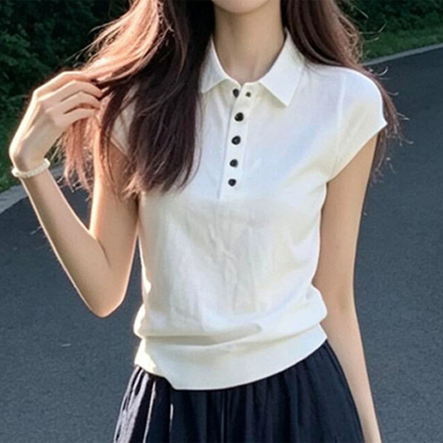 화이트 오래된 돈 바람 polo 폴로 칼라 니트 반팔 여성 고급 외국 가스 기본 셔츠 여름 작은 날다 소매 주간 실크 맨위