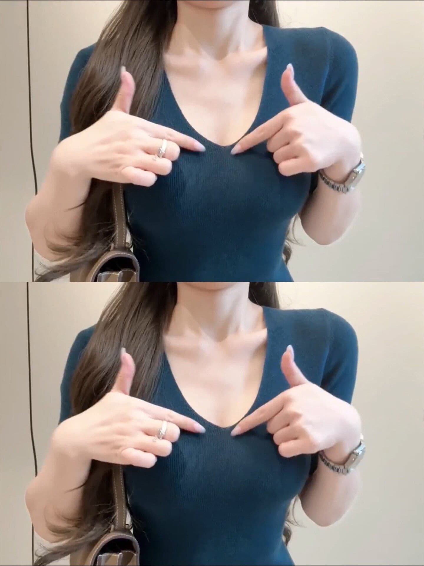 자이언트 잘 생긴 ~ 중 오트밀 색상 V넥 얼음 실크 니트 반팔 여성 여름 얇은 스타일 5 점 소매 몸매 가꾸기 중간 소매 짧은 맨위 상세 이미지 5
