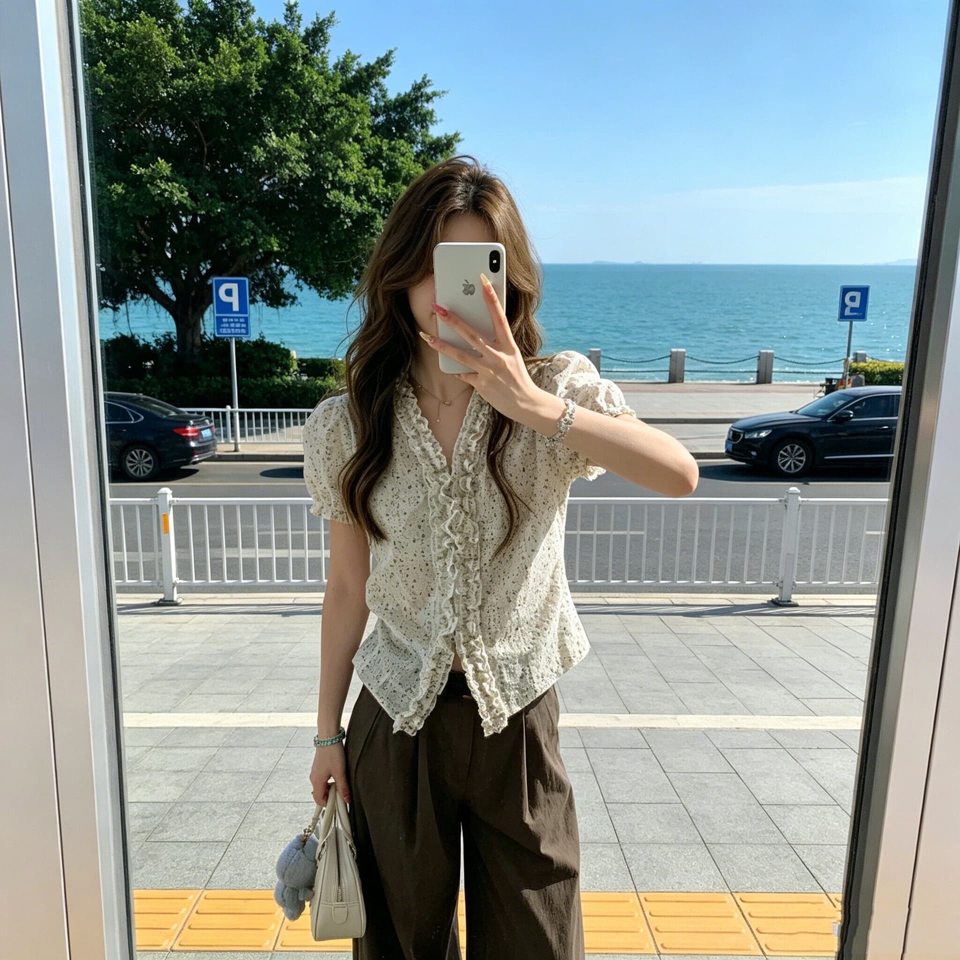 자카드 자수 원단 참나무 늑골 주름 프랑스식 레트로 꽃무늬 프릴 셔츠 여성 여름 거품 소매 몸매 가꾸기 이미지 2
