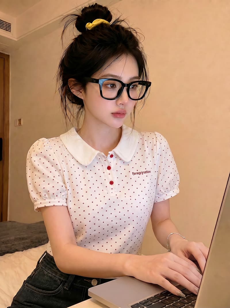 경관 그림 특별 가격 반팔 티셔츠 여성 의류 여름 새로운 디자인 센스 트렌디 공주 소매 도트 무늬 알파벳 베이비 칼라 맨위 이미지 2
