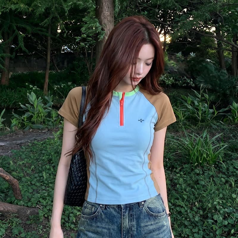 경관 그림 특별 가격 반팔 티셔츠 여성 의류 여름 새로운 디자인 센스 슬림해 보이는 지퍼 배색 삽입 어깨 소매 라운드 넥 맨위 이미지 6