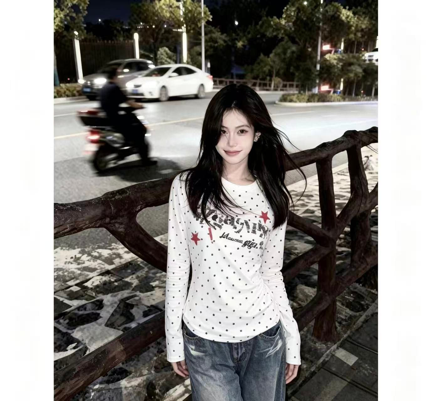 220 그램 40 빗질하다 92 면 천년기 바람 핫걸 도트 무늬 슬림해 보이는 허리 수축 몸매 가꾸기 긴팔 봄 가을 티셔츠 여성 상세 이미지 2